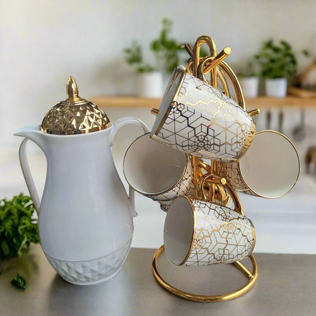 6 Piece 350ml Tea Cups with Flask Set | White Ceramic | Ideal For Both Casual & Formal Settings, Suitable For Home Or Office Use- Furaha Finds Kenya
