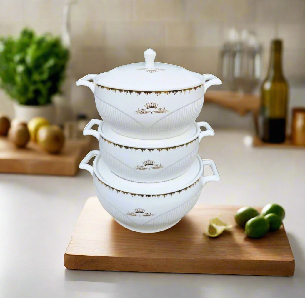 3 Piece Ceramic Soup Pot Set | Classic White Durable Ceramic Cookware | Microwave & Dishwasher Safe