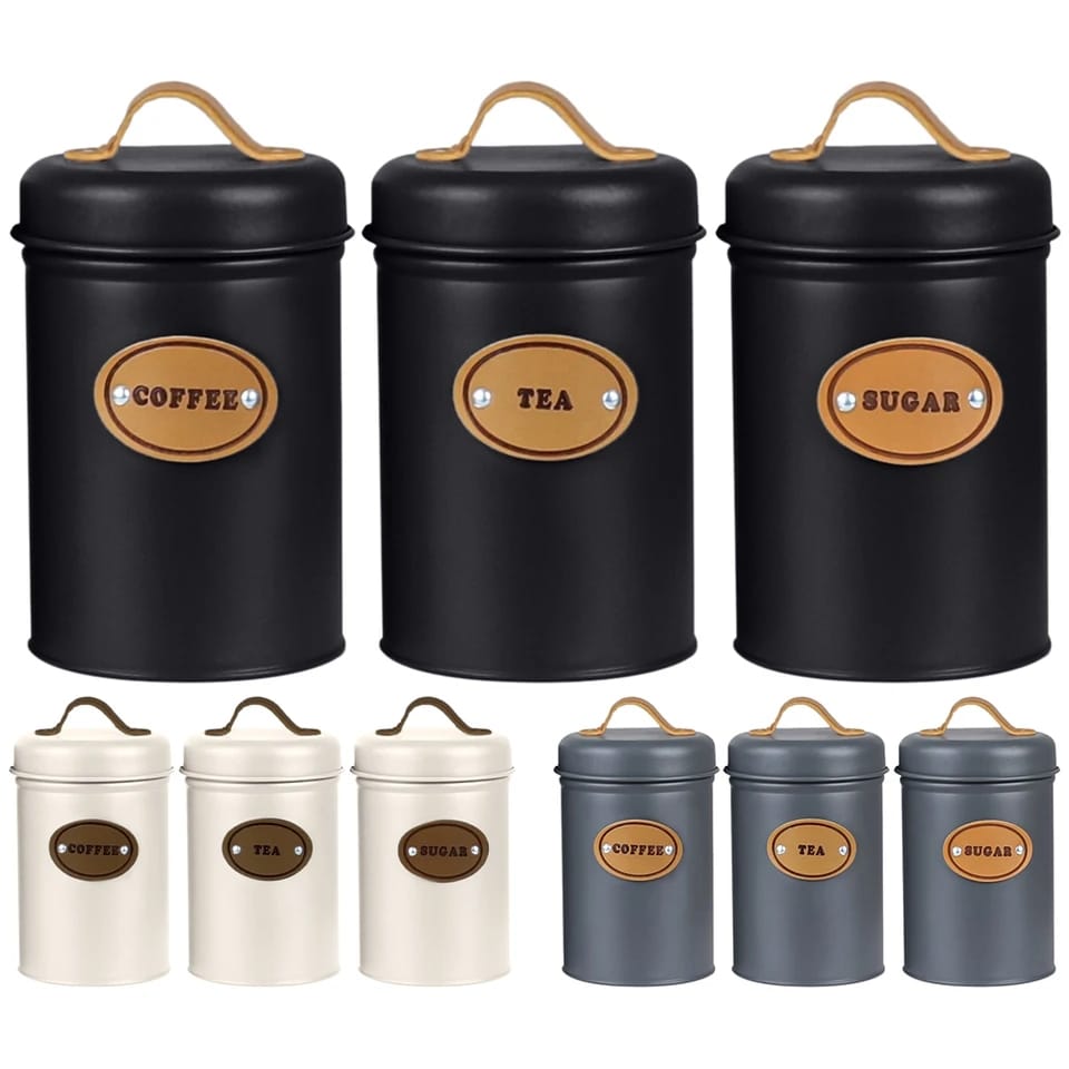 High Quality Galvanized Iron 3 Piece Alloy Canister Set with Leather Accents | Kitchen Storage Organizer| Multiple Colors