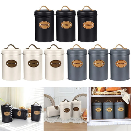 High Quality Galvanized Iron 3 Piece Alloy Canister Set with Leather Accents | Kitchen Storage Organizer| Multiple Colors