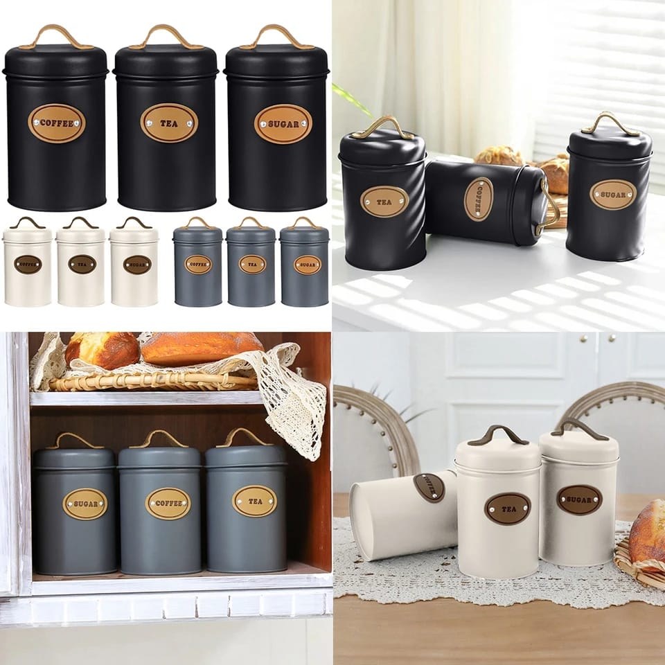 High Quality Galvanized Iron 3 Piece Alloy Canister Set with Leather Accents | Kitchen Storage Organizer| Multiple Colors