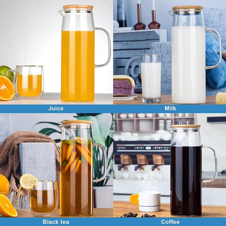 Transparent 1700ml Glass Borosilicate Water Pitcher Jug with Handle and Bamboo Lid | Multifunctional | Juice, Milk, Black Tea, Coffee- Furaha Finds Kenya