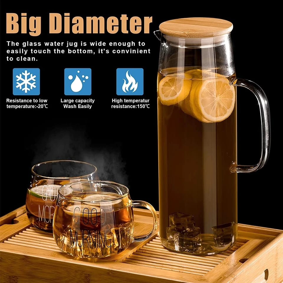 Transparent 1700ml Glass Borosilicate Water Pitcher Jug with Handle and Bamboo Lid | Multifunctional | Juice, Milk, Black Tea, Coffee