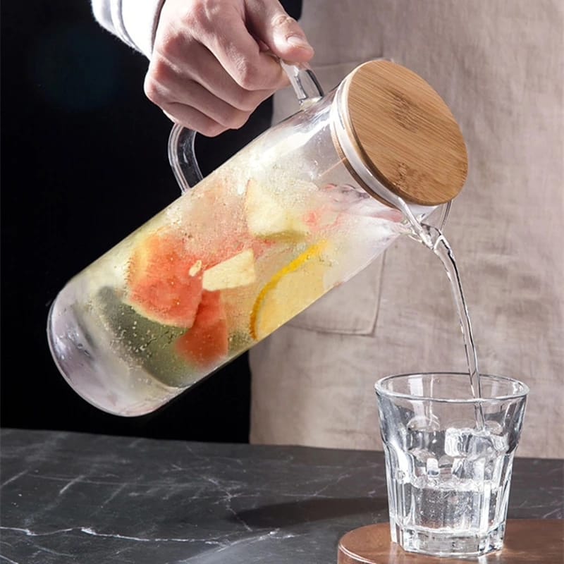 Transparent 1700ml Glass Borosilicate Water Pitcher Jug with Handle and Bamboo Lid | Multifunctional | Juice, Milk, Black Tea, Coffee