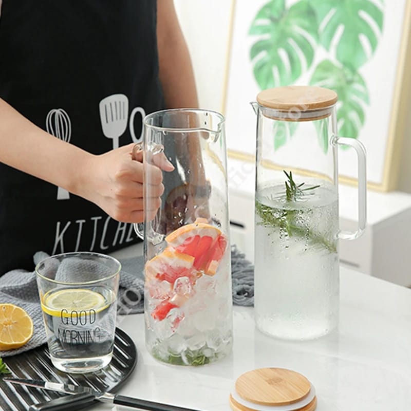 Transparent 1700ml Glass Borosilicate Water Pitcher Jug with Handle and Bamboo Lid | Multifunctional | Juice, Milk, Black Tea, Coffee