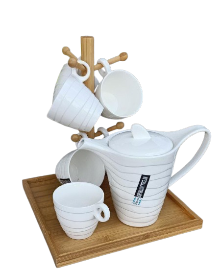 White Tea Set with Bamboo Stand Kettle 1100ml Cup Capacity 270cc Perfect For Tea Time At Home Or In An Office Setting- Furaha Finds Kenya