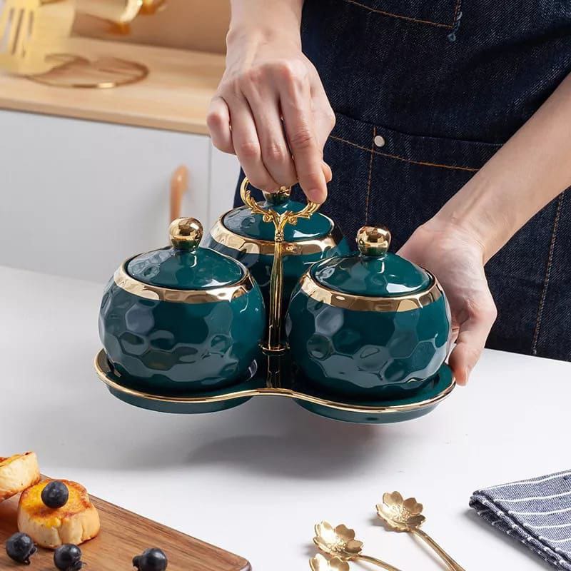Furaha Finds Luxurious Sugar and Spice Dish Set with 3 elegant jars, gold tea spoons, and a tray. Ideal for storing condiments in style