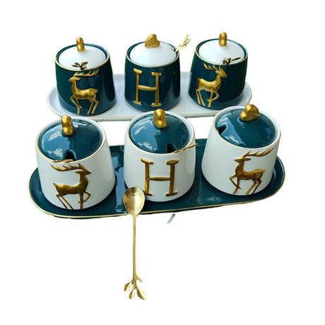 Luxurious Sugar/Spice Dish Set – 3 Jars with Tray and Gold Spoons- Furaha Finds Kenya