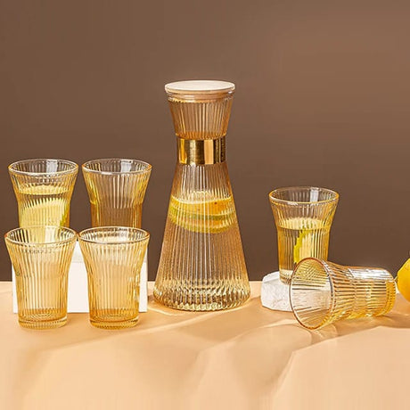 7 Piece Gold Borosilicate Ribbed Flute Shaped Carafe Glass Set | 1 Carafe & 6 Glasses- Furaha Finds Kenya