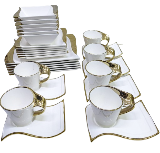 Elegant White 30 Piece Dinner Set with Gold Rim | Includes Plates, Side Plates, Bowls, Cups, and Saucers