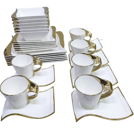 Elegant White 30 Piece Dinner Set with Gold Rim | Includes Plates, Side Plates, Bowls, Cups, and Saucers- Furaha Finds Kenya