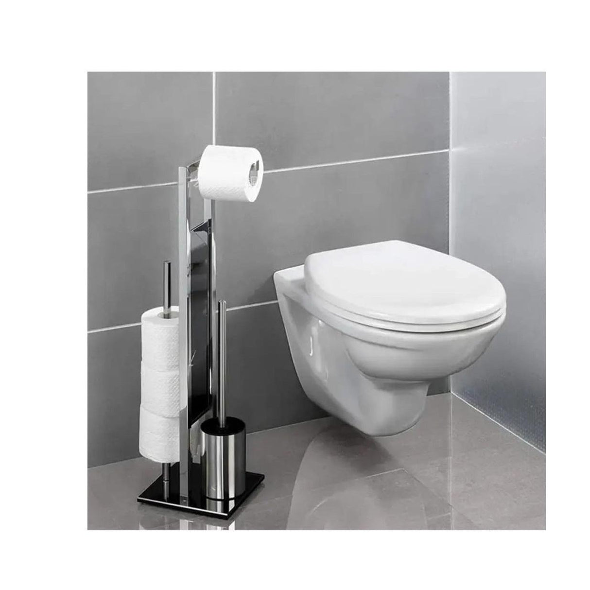 Free Standing 304 Stainless Steel Tissue Holder & Toilet Brush Set Elegant & Fashionable Metal Tissue Holder Silver & Black