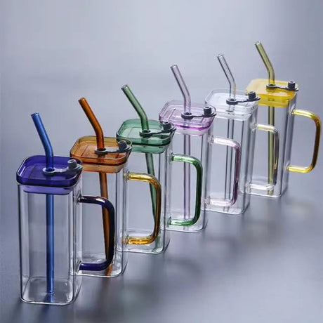 Square Glass with Colored Handle Layer Drinking Glass Cups with Straw & Acrylic Lid Perfect for Soda Iced Coffee Milk Bubble Tea & Water- Furaha Finds Kenya