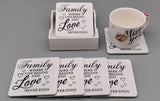 Family Write Up Wooden Cup Coaster Set | 6pcs with Stand | Black & White Dining Room Decor