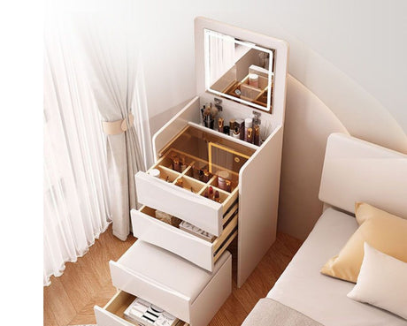 "Furaha Finds European luxury dresser with inbuilt light and stool. High-quality MDF vanity table with a unique design perfect for modern bedrooms and dressing areas
