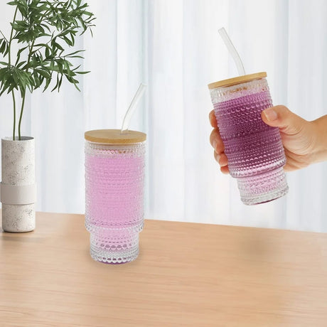 Embossed Vintage Glass Cup with Bamboo Lid, Straw, and Cleaning Brush 320ml Capacity- Furaha Finds Kenya