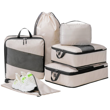 Furaha Finds 6pcs set compression travel bag made from waterproof polyester. Lightweight and space-saving packing cubes for organized and efficient travel