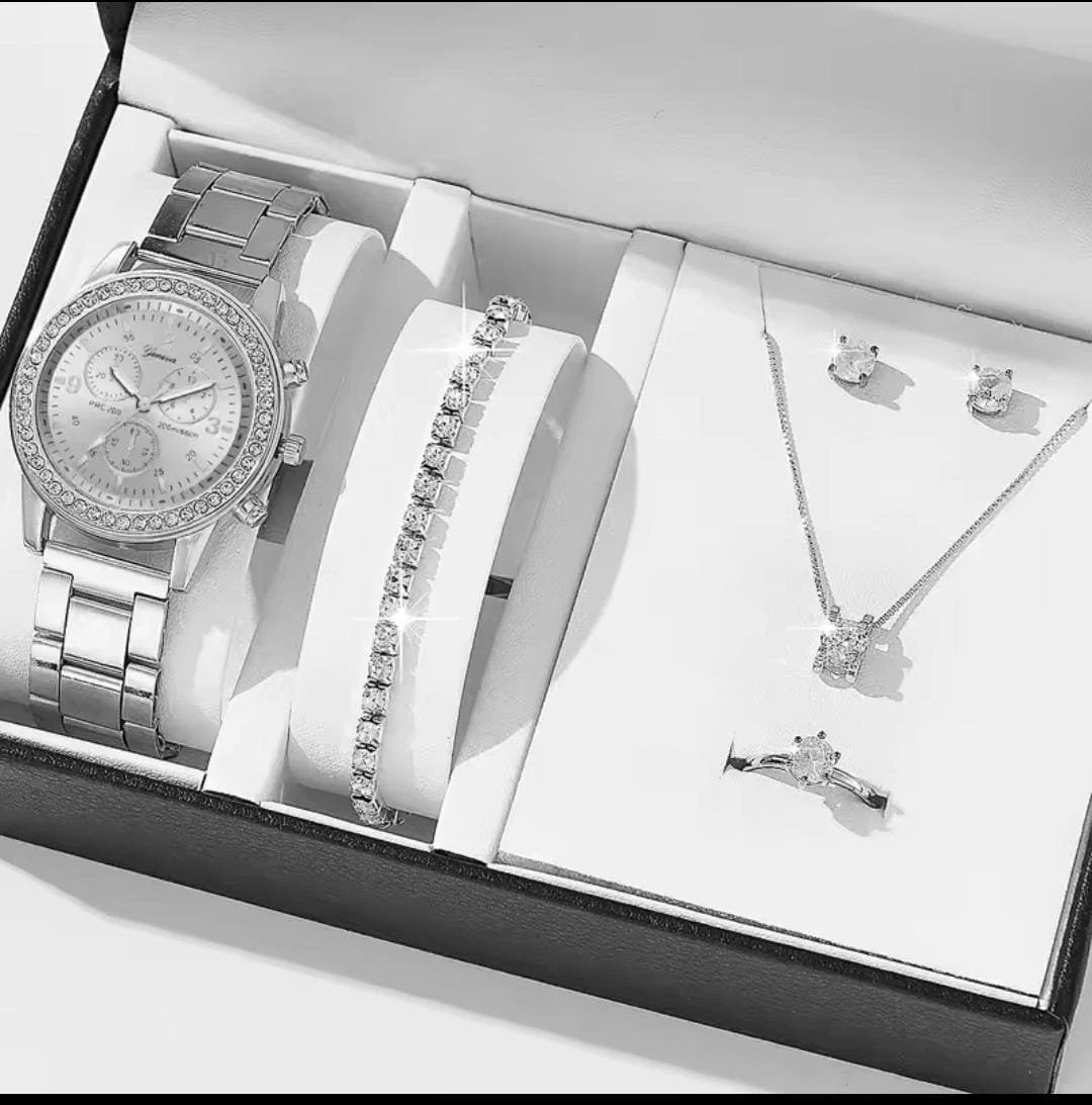 6in1 Elegant Ladies Rhinestone Encrusted Gift Set Watch, Necklace, 2 Bracelets, Earrings & Ring Rose Gold Jewelry Accessories Jewelry Sets