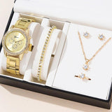 6in1 Elegant Ladies Rhinestone Encrusted Gift Set Watch, Necklace, 2 Bracelets, Earrings & Ring Rose Gold Jewelry Accessories Jewelry Sets