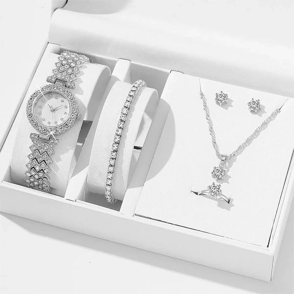 6in1 Elegant Ladies Rhinestone Encrusted Gift Set Watch, Necklace, 2 Bracelets, Earrings & Ring Rose Gold Jewelry Accessories Jewelry Sets