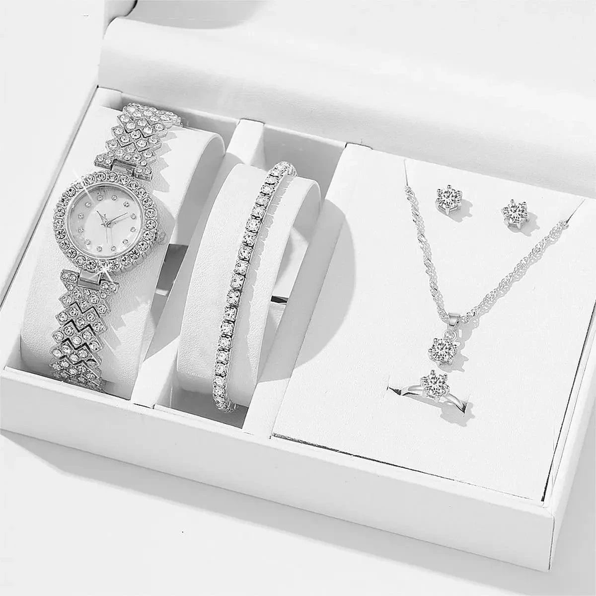 6in1 Elegant Ladies Rhinestone Encrusted Gift Set Watch, Necklace, 2 Bracelets, Earrings & Ring Rose Gold Jewelry Accessories Jewelry Sets