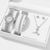 6in1 Elegant Ladies Rhinestone Encrusted Gift Set Watch, Necklace, 2 Bracelets, Earrings & Ring Rose Gold Jewelry Accessories Jewelry Sets