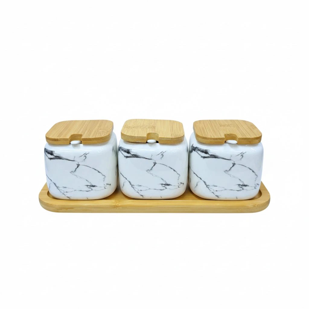 3pcs Ceramic Condiment Set With Lids Spoons & Tray Kitchenware Condiment Shakers