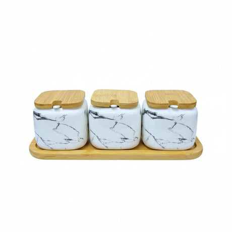 3pcs Ceramic Condiment Set With Lids Spoons & Tray Kitchenware Condiment Shakers