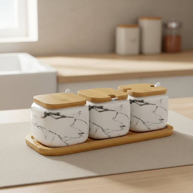 3pcs Ceramic Condiment Set With Lids Spoons & Tray Kitchenware Condiment Shakers