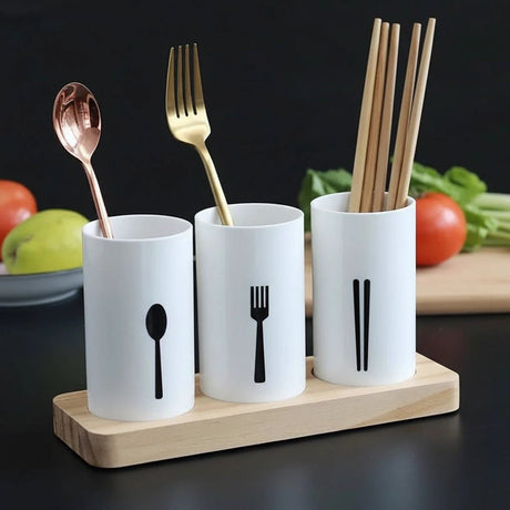 Cutlery Organizer 3 Piece Set with Oak Base Kitchen Utensil Holder Kitchen & Dining Kitchen Utensil Holders