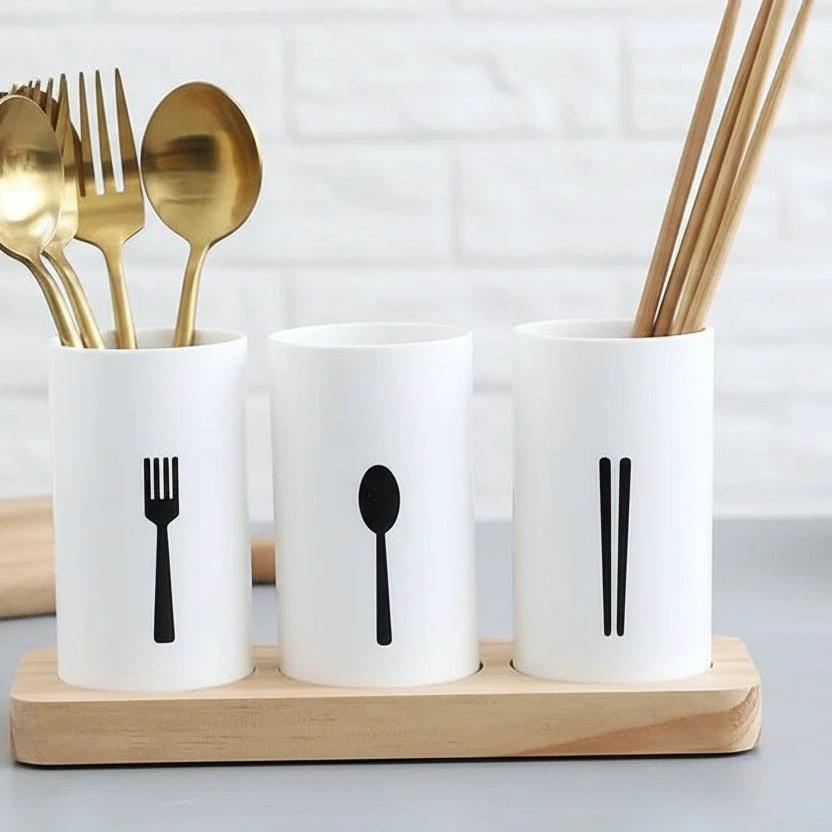 Cutlery Organizer 3 Piece Set with Oak Base Kitchen Utensil Holder Kitchen & Dining Kitchen Utensil Holders