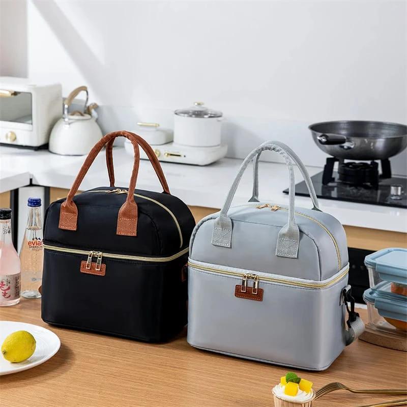 Double Layer Insulated Lunch Bag with Removable Shoulder Strap Black Grey Bags & Accessories Lunch Bags