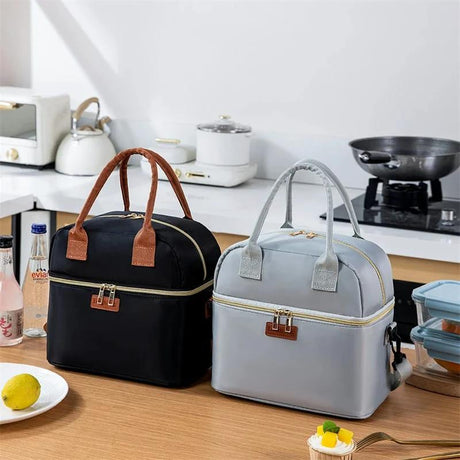 Double Layer Insulated Lunch Bag with Removable Shoulder Strap Black Grey Bags & Accessories Lunch Bags
