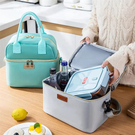 Double Layer Insulated Lunch Bag with Removable Shoulder Strap Black Grey Bags & Accessories Lunch Bags