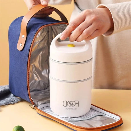 Insulated Lunch Box Set with Carry Bag and Foldable Spoon Blue Beige Kitchen & Dining Lunch Box Sets