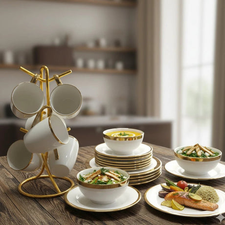 24pcs Gold Ring Ceramic Dinner Set Kitchen & Dining Dinnerware Sets