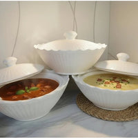 3pcs White Ceramic Serving Bowl Set - Wavy Pattern Kitchen & Dining Serveware