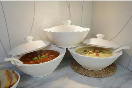 3pcs White Ceramic Serving Bowl Set - Wavy Pattern Kitchen & Dining Serveware