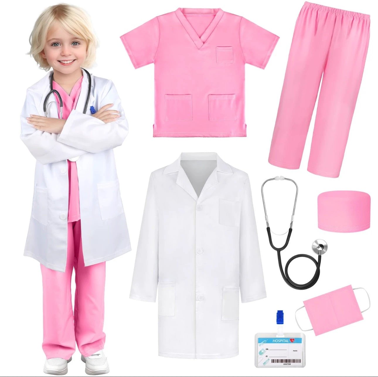 Kids Doctor Costume Set 6-Piece Polyester Pink Blue Green 120-130cm Home & Garden Costume Sets