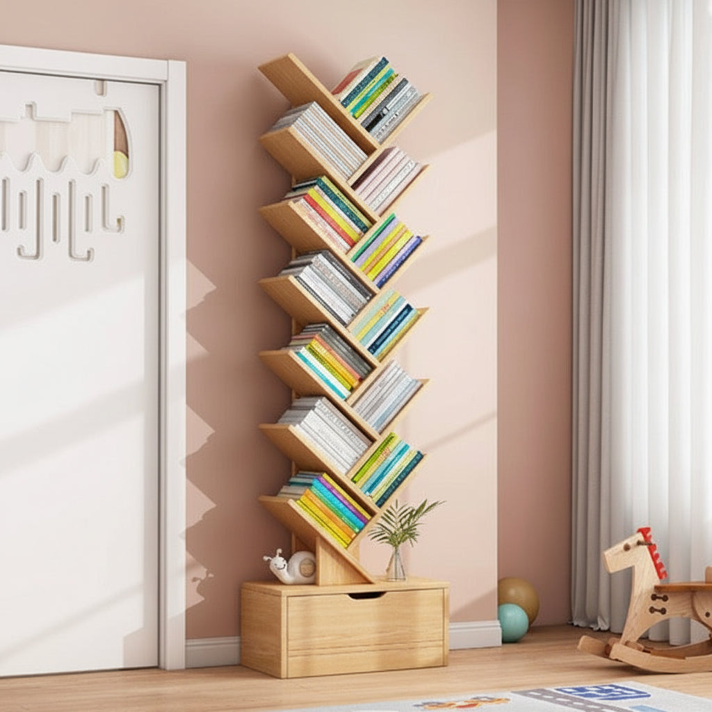 Bookshelf - Tree Design Wood Storage Rack 158x34x20cm Light Brown Furniture Rack Bookcases & Shelves