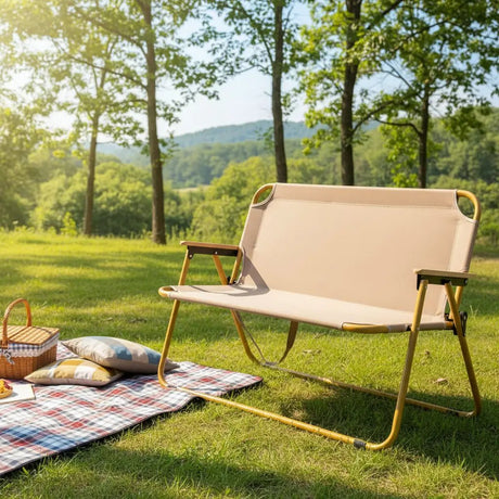 Portable Double Seat Camping Chair with Wood Armrest Outdoor & Camping Folding Chairs