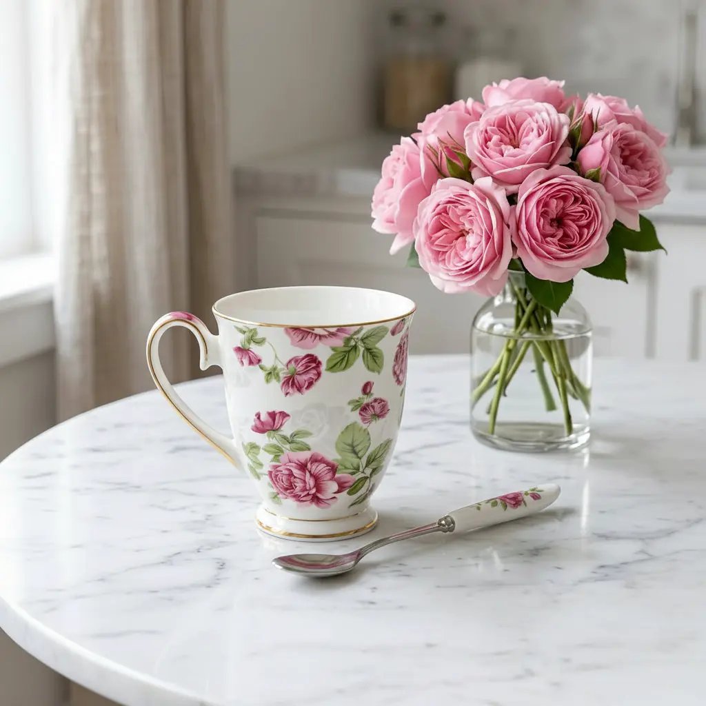 Bone China Flowered Cup – 300ml, Gold Rim Kitchen & Dining Coffee & Tea Cups