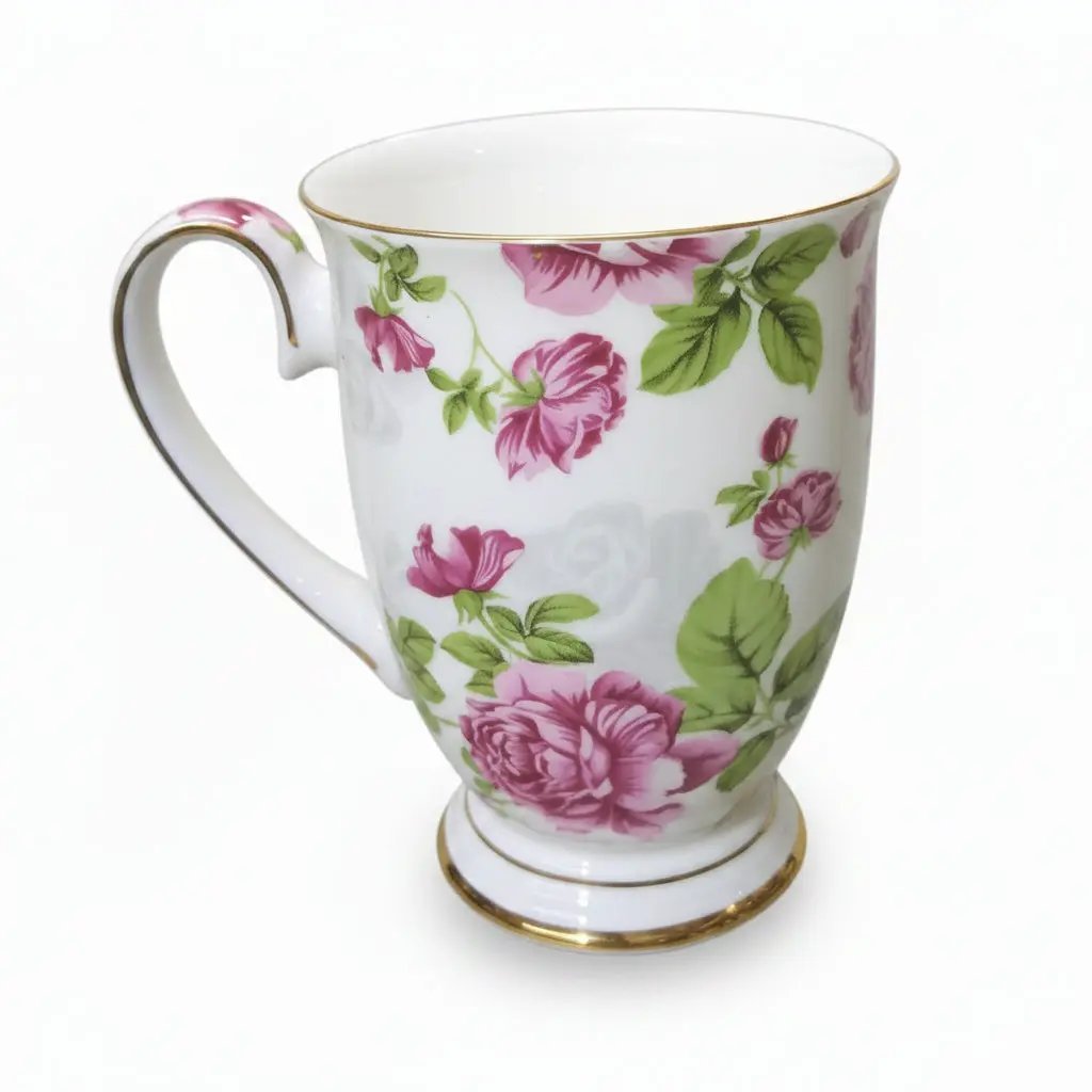 Bone China Flowered Cup – 300ml, Gold Rim Kitchen & Dining Coffee & Tea Cups