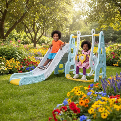 4-in-1 Kids Slide & Swing Set Outdoor Play Equipment Swing Sets & Playsets
