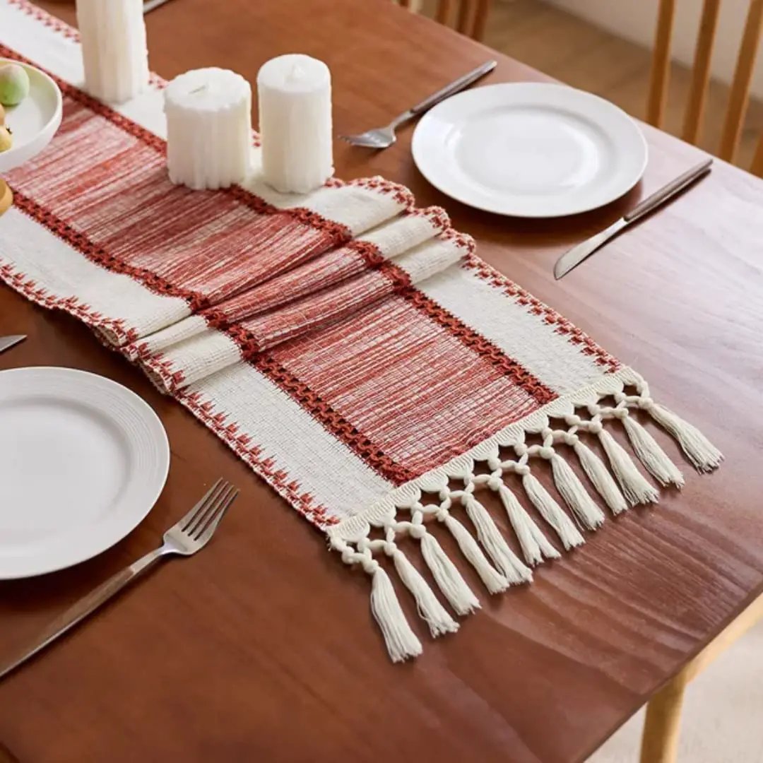 Nordic Boho Striped Table Runner with Tassels Table Runners & Linens Table Runners