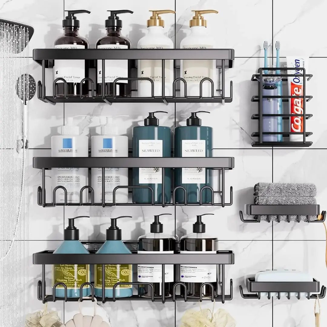 Metallic Carbon Shower Caddy – 6pc Set Bathroom Organizer Wall-Mounted Caddies