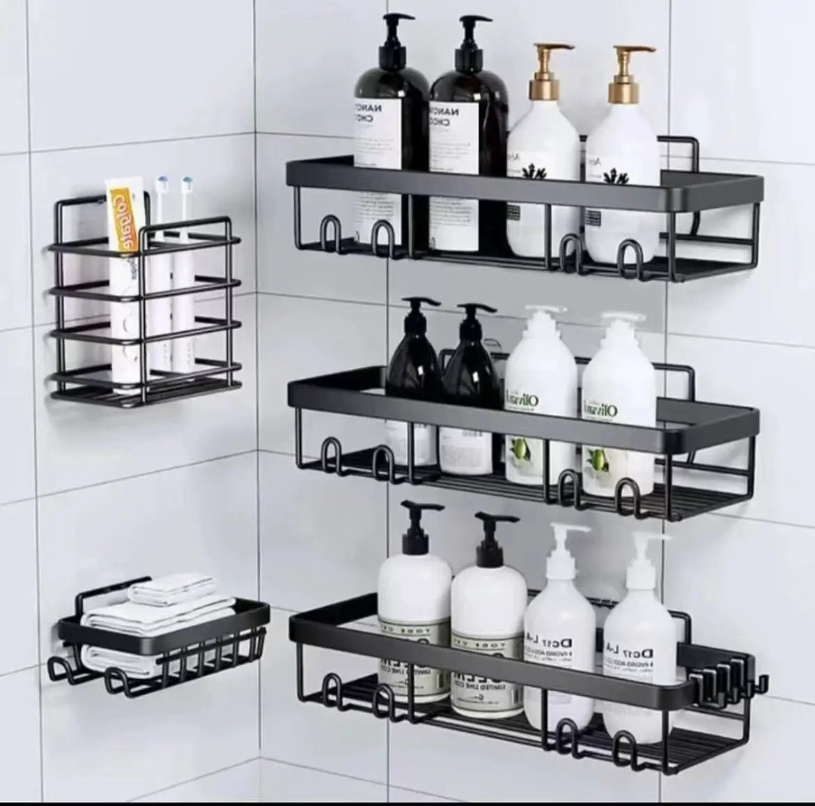 Metallic Carbon Shower Caddy – 6pc Set Bathroom Organizer Wall-Mounted Caddies
