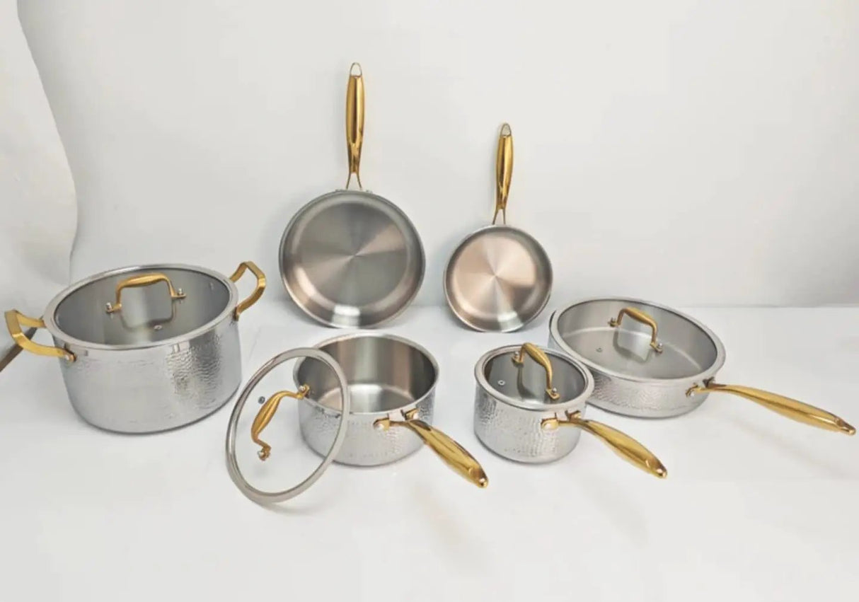 Triple-Ply S/S Hammered Stainless Steel Cookware Set – 10pcs Cookware Cookware Sets