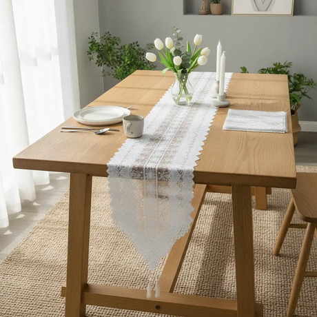White Lace Embroidered Floral Table Runner – 35x210cm Table Linen Table Runners