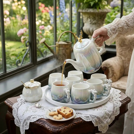 12pc Gold Deer Lid Accent Porcelain Tea Set Kitchenware Tea Sets